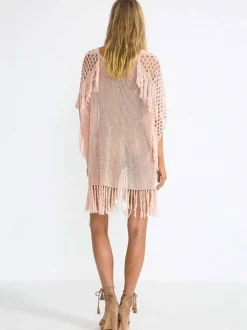 Women Cover Ups White Fringe V-Neck Half Sleeves Oversized Acrylic Summer Sexy Swimming Suits