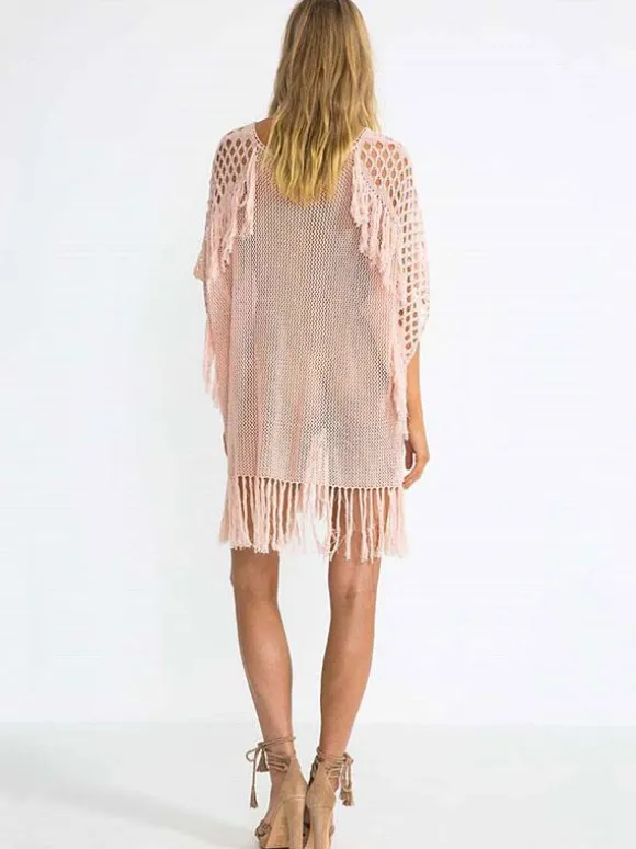 Women Cover Ups White Fringe V-Neck Half Sleeves Oversized Acrylic Summer Sexy Swimming Suits
