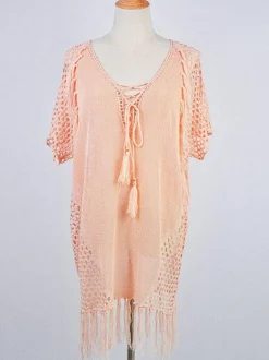 Women Cover Ups White Fringe V-Neck Half Sleeves Oversized Acrylic Summer Sexy Swimming Suits