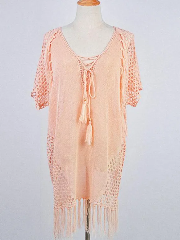 Women Cover Ups White Fringe V-Neck Half Sleeves Oversized Acrylic Summer Sexy Swimming Suits