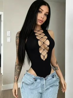 Women Crisscross Cutout Sleeveless Bodysuit Sexy Front Lace-Up Deep Plunge Tank Body Top