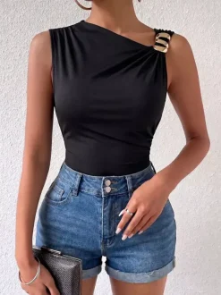 Women Crop Top Black Chic Sleeveless Tops