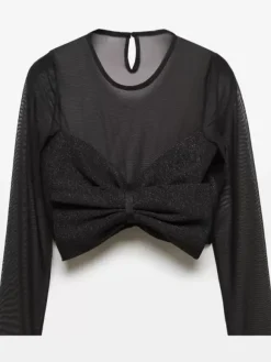 Women Crop Top Black Jewel Neck Sexy Pleated Long Sleeves Polyester Tops