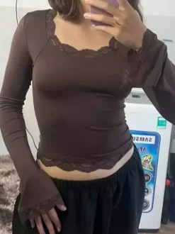 Women Crop Top Coffee Brown Lace Jewel Neck Long Sleeves Chic Tops