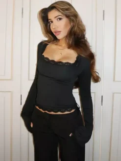Women Crop Top Coffee Brown Lace Jewel Neck Long Sleeves Chic Tops