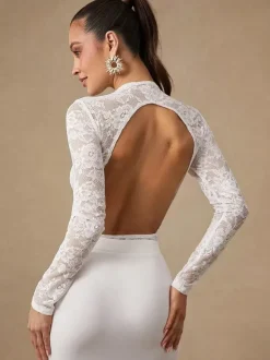 Women Crop Top White Nylon Lace Jewel Neck Long Sleeves Chic Tops