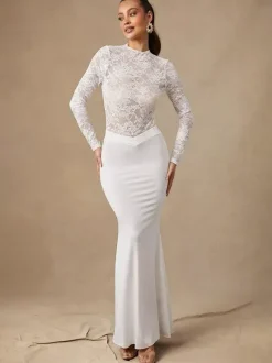 Women Crop Top White Nylon Lace Jewel Neck Long Sleeves Chic Tops