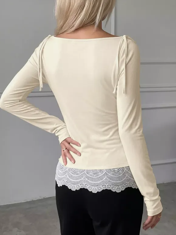 Women Draped Cowl Neck Long Sleeve Tee Shoulder Tie Detail Lace Trim Hem Slim Casual Shirt