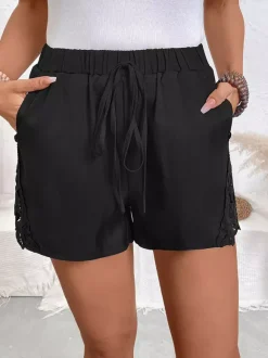 Women Drawstring Elastic Waist Shorts Lace Side Trim Casual Beach Shorts