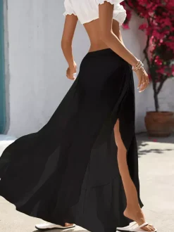 Women Elastic High Waist Side Slit Wide Leg Palazzo Pants Flowy Beach Cover Up Skort