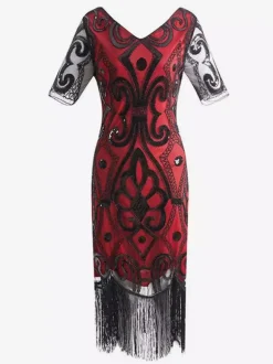Women Flapper Dress Fringe Sequins 1920s Great Gatsby Costume Vintage 20s party Dress Burgundy