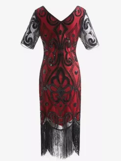 Women Flapper Dress Fringe Sequins 1920s Great Gatsby Costume Vintage 20s party Dress Burgundy