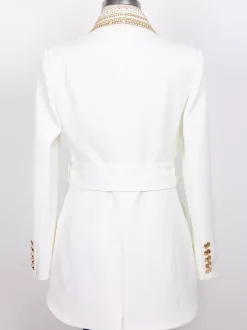 Women Gold Beaded Shawl Lapel Double Breasted Long Sleeve Blazer Jacket