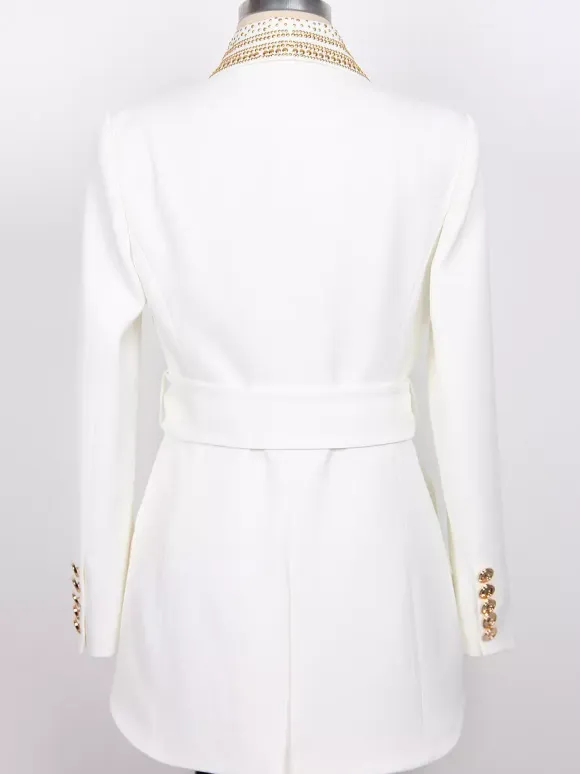 Women Gold Beaded Shawl Lapel Double Breasted Long Sleeve Blazer Jacket