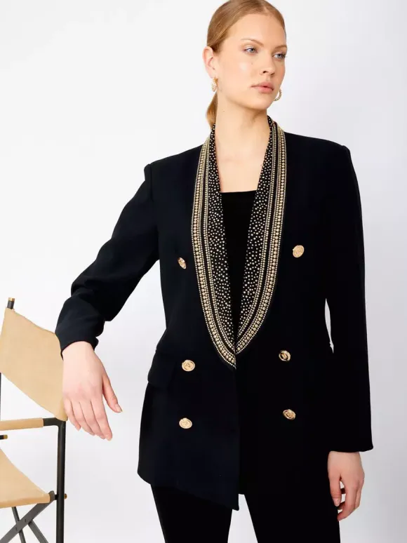 Women Gold Beaded Shawl Lapel Double Breasted Long Sleeve Blazer Jacket