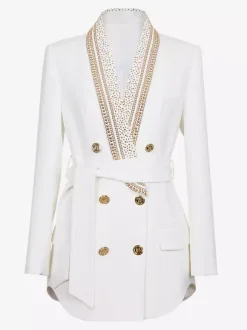 Women Gold Beaded Shawl Lapel Double Breasted Long Sleeve Blazer Jacket