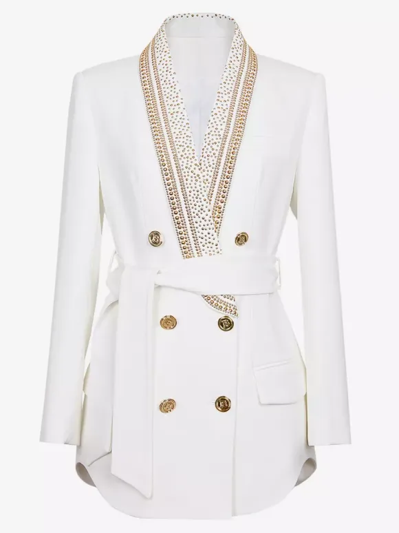 Women Gold Beaded Shawl Lapel Double Breasted Long Sleeve Blazer Jacket