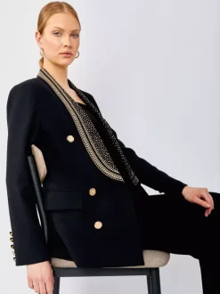 Women Gold Beaded Shawl Lapel Double Breasted Long Sleeve Blazer Jacket