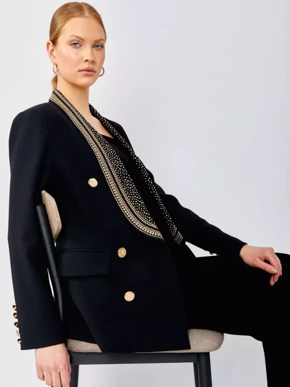 Women Gold Beaded Shawl Lapel Double Breasted Long Sleeve Blazer Jacket