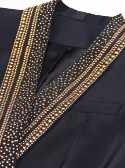 Women Gold Beaded Shawl Lapel Double Breasted Long Sleeve Blazer Jacket