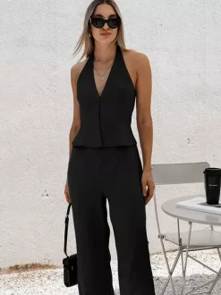 Women Halter V Neck Zip Crop Vest Wide Leg Pants 2 Piece Matching Suit Set