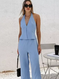Women Halter V Neck Zip Crop Vest Wide Leg Pants 2 Piece Matching Suit Set