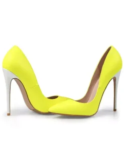 Women High Heels Pointed Toe Slip On Pumps Yellow Basic Heeled Shoes