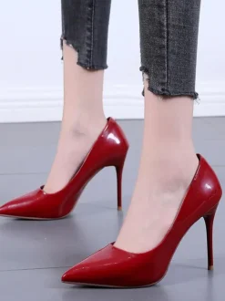 Women High Heels Stiletto Heel Pointed Toe Patent Leather Burgundy Pumps
