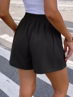 Women High Waist Pleated Shorts Gold Button Decor Elastic Back Casual Dressy Shorts