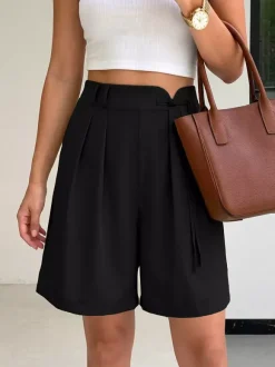 Women High Waist Pleated Shorts Asymmetrical Waist Tie Casual Loose Summer Shorts