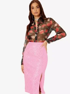 Women High Waist Sequin Midi Skirt Front Slit Bodycon Pencil Party Skirt