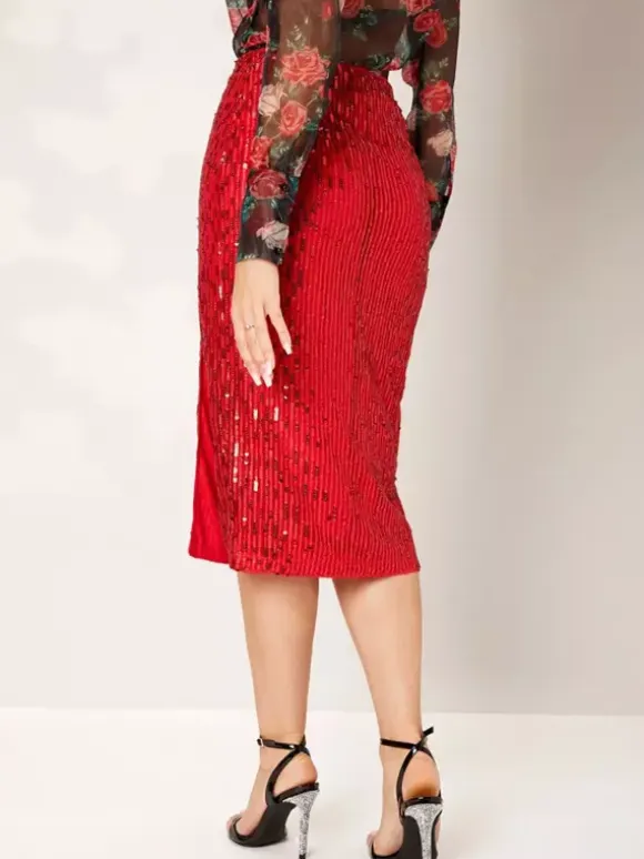 Women High Waist Sequin Midi Skirt Front Slit Bodycon Pencil Party Skirt