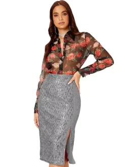 Women High Waist Sequin Midi Skirt Front Slit Bodycon Pencil Party Skirt