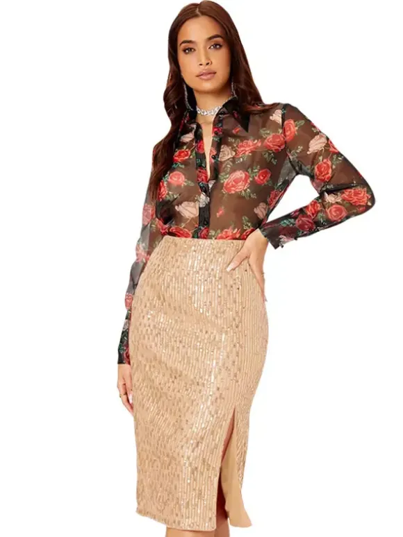 Women High Waist Sequin Midi Skirt Front Slit Bodycon Pencil Party Skirt