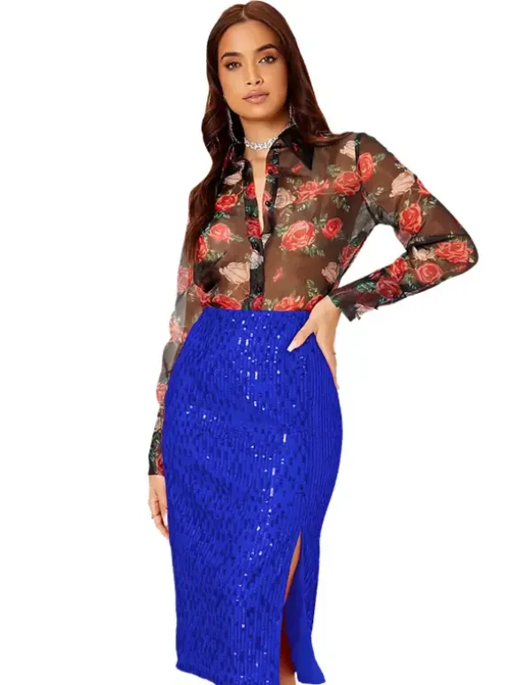 Women High Waist Sequin Midi Skirt Front Slit Bodycon Pencil Party Skirt