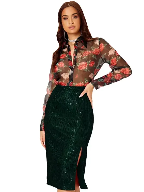 Women High Waist Sequin Midi Skirt Front Slit Bodycon Pencil Party Skirt