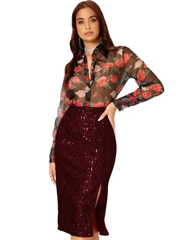 Women High Waist Sequin Midi Skirt Front Slit Bodycon Pencil Party Skirt