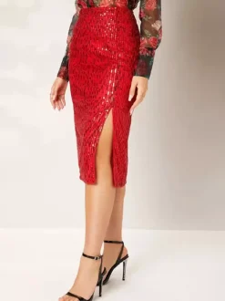 Women High Waist Sequin Midi Skirt Front Slit Bodycon Pencil Party Skirt