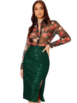 Women High Waist Sequin Midi Skirt Front Slit Bodycon Pencil Party Skirt
