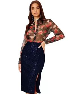 Women High Waist Sequin Midi Skirt Front Slit Bodycon Pencil Party Skirt