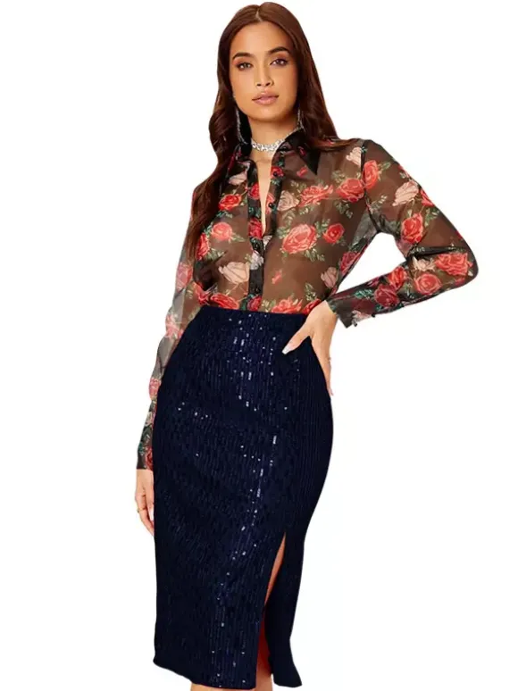 Women High Waist Sequin Midi Skirt Front Slit Bodycon Pencil Party Skirt