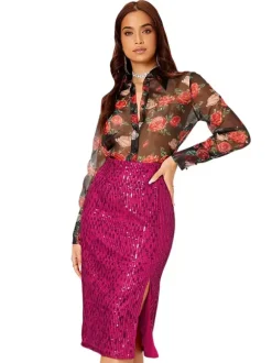Women High Waist Sequin Midi Skirt Front Slit Bodycon Pencil Party Skirt