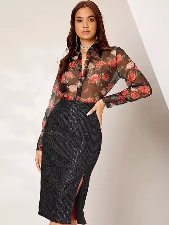 Women High Waist Sequin Midi Skirt Front Slit Bodycon Pencil Party Skirt
