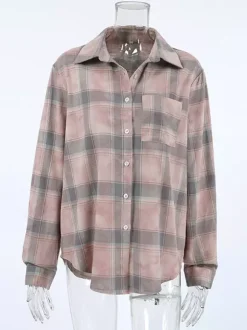 Women Jacket Turndown Collar Plaid Casual Long Sleeve Cardigans