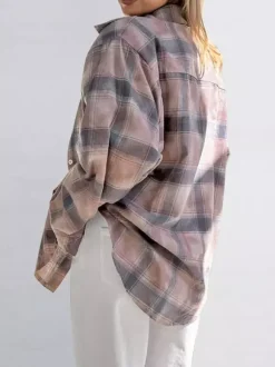 Women Jacket Turndown Collar Plaid Casual Long Sleeve Cardigans