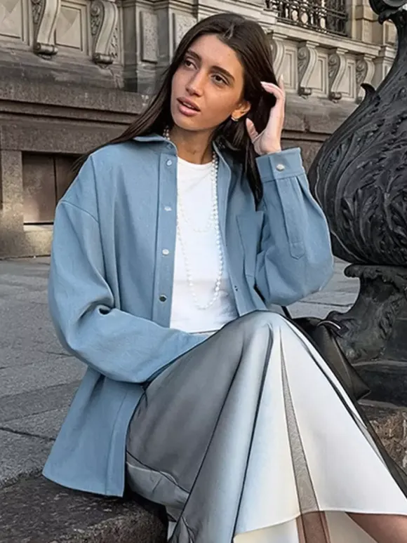 Women Jacket Turndown Collar Buttons Cotton Long Sleeve Outerwear