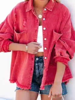 Women Jacket Turndown Collar Long Sleeve Oversized Outerwear