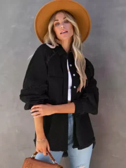 Women Jacket Turndown Collar Long Sleeve Oversized Outerwear