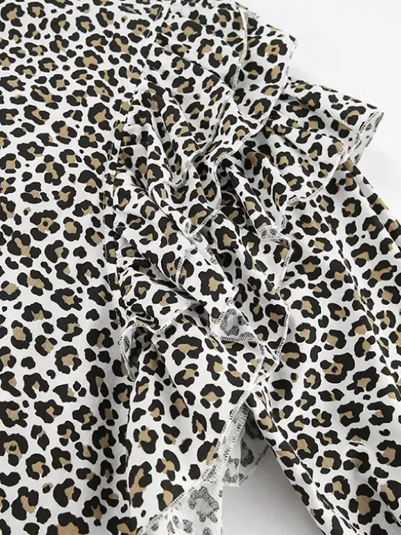 Women Jacket Turndown Collar Buttons Leopard Print Long Sleeve Outerwear