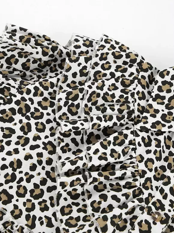 Women Jacket Turndown Collar Buttons Leopard Print Long Sleeve Outerwear